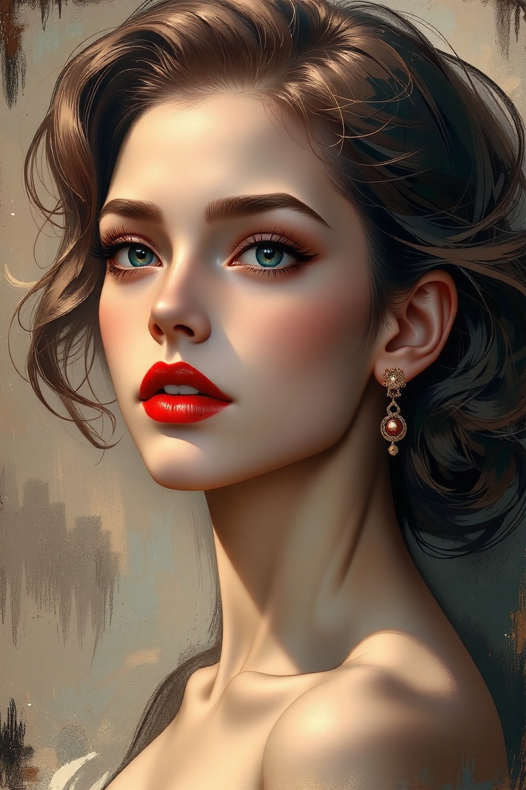 A meticulously detailed painting in a retro style with bold,  expressive brush strokes. The subject is a beautiful woman w...