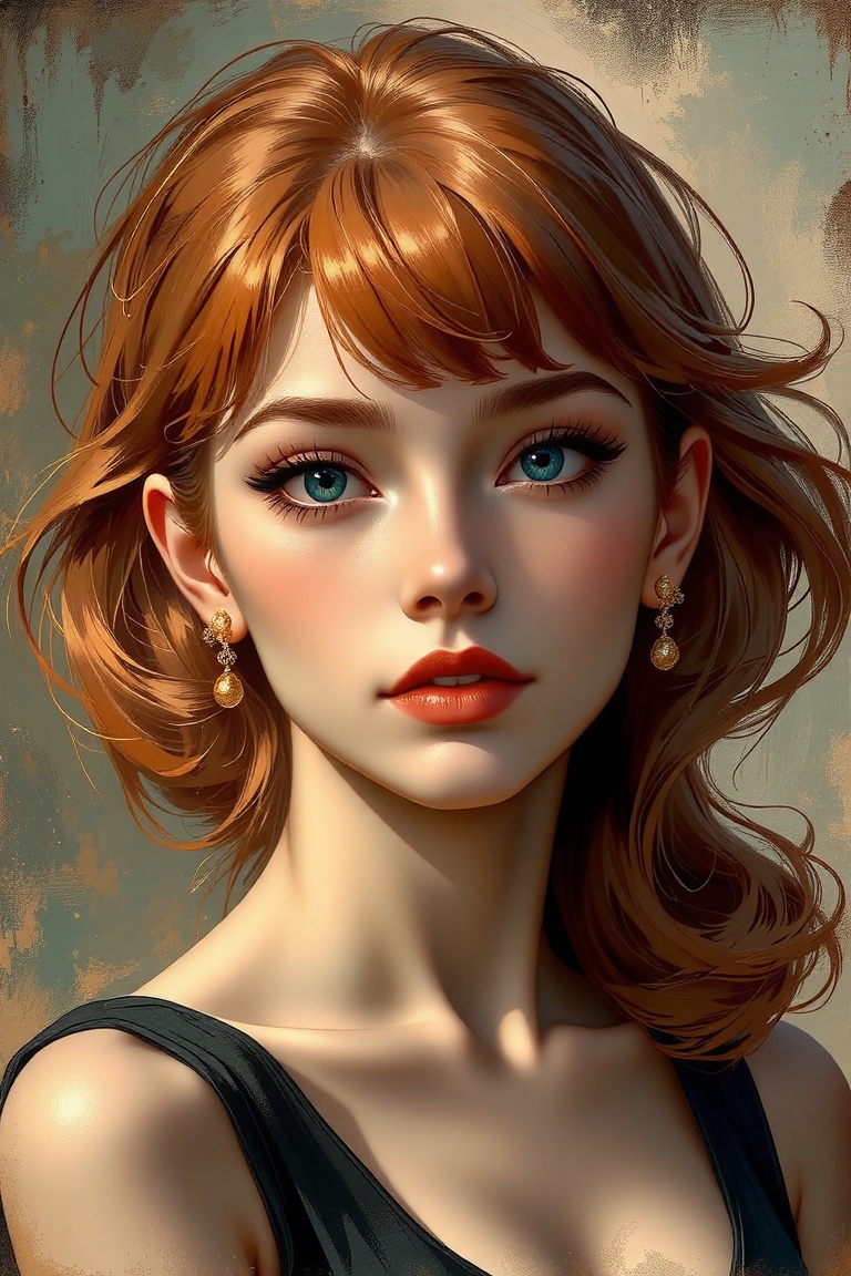 A meticulously detailed painting in a retro style with bold,  expressive brush strokes. The subject is a woman with vibran...