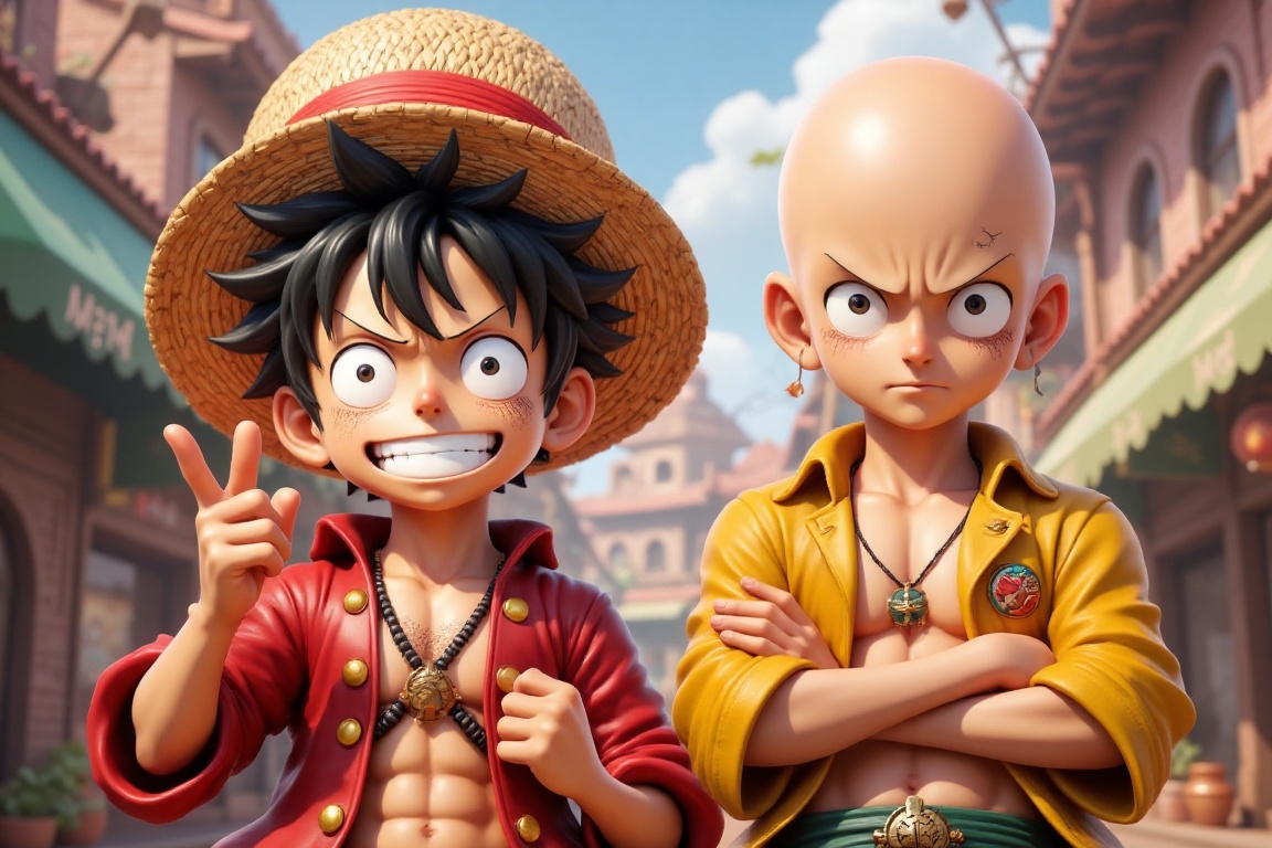 3D anime-style render of Luffy and Saitama,  both characters depicted with their distinct anime features and expressions....