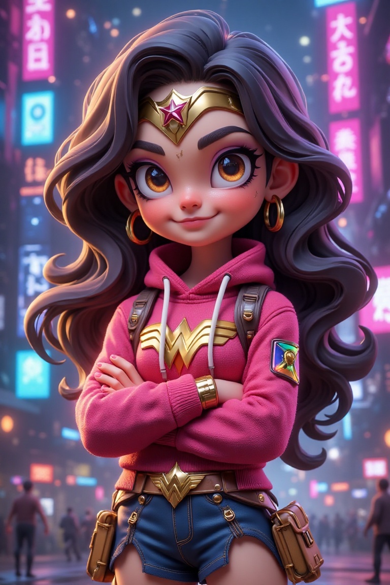 3D render of a cute,  stylized Wonder Woman wearing a cozy sweater hoodie,  standing in a cyberpunk-inspired neon city. He...