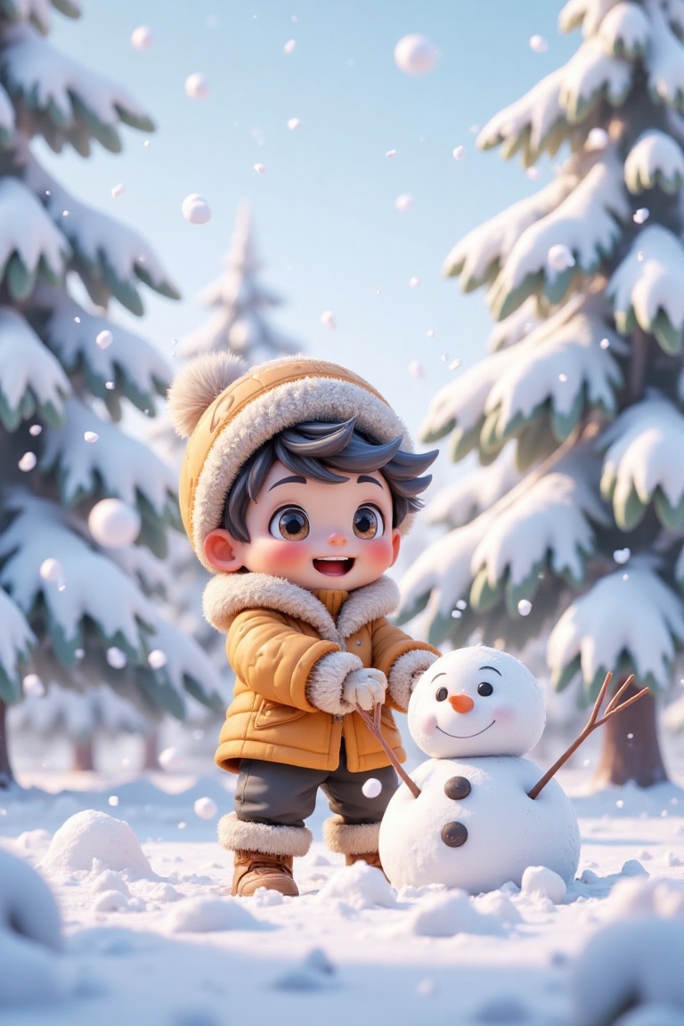 3D render of a cute chibi boy playing in the snow during a winter scene. He is surrounded by rime ice,  with tall pine tre...