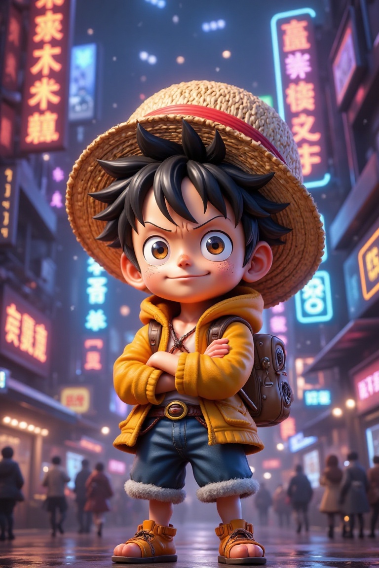 3D render of a cute,  stylized Luffy from One Piece,  standing in a cyberpunk-inspired neon city. He wears a cozy hoody on...