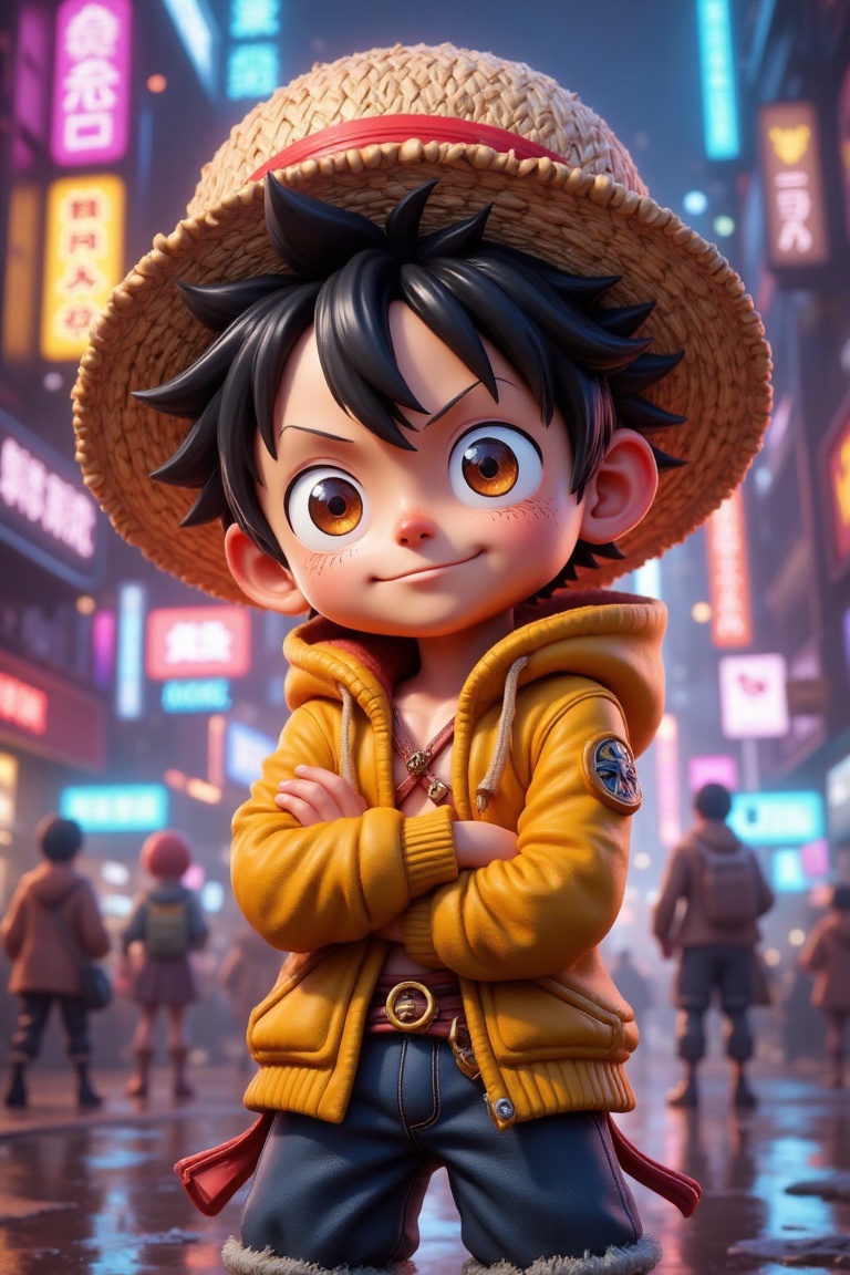3D render of a cute,  stylized Luffy from One Piece,  standing in a cyberpunk-inspired neon city. He wears a cozy hoody on...