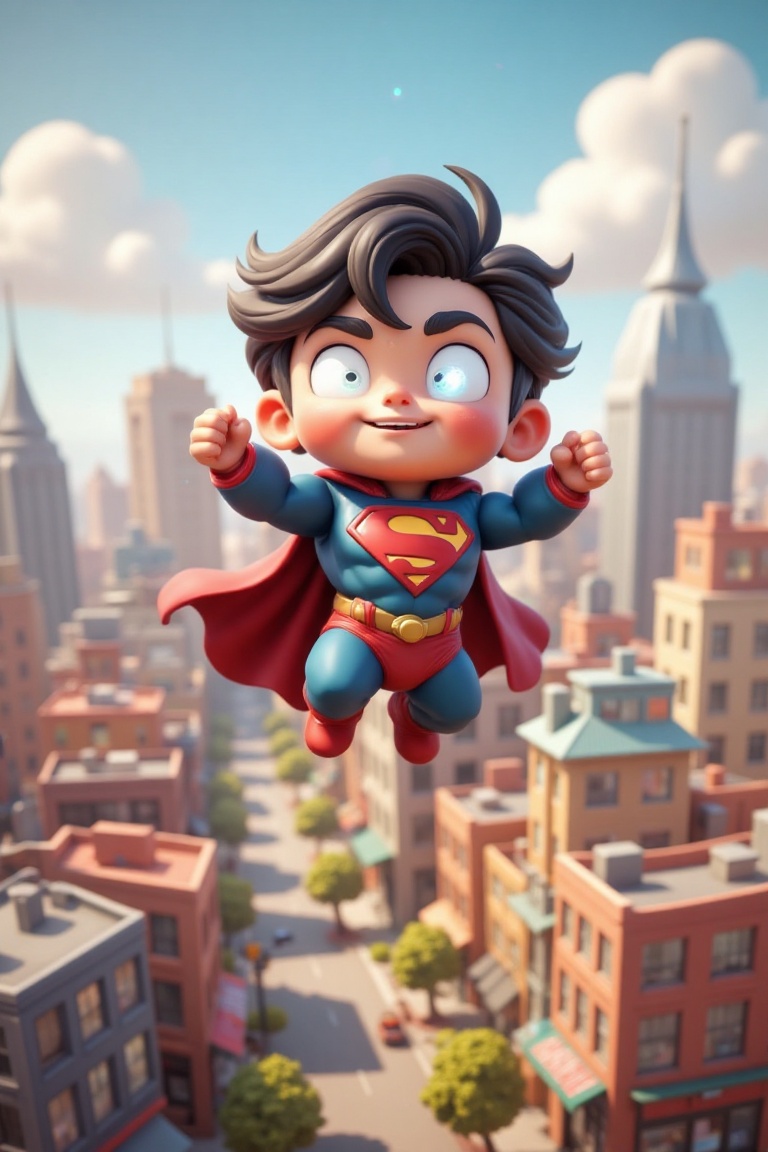 3D render of a cute,  stylized Superman flying high above a vibrant,  cartoon-like cityscape. He has an adorable on Tensor...
