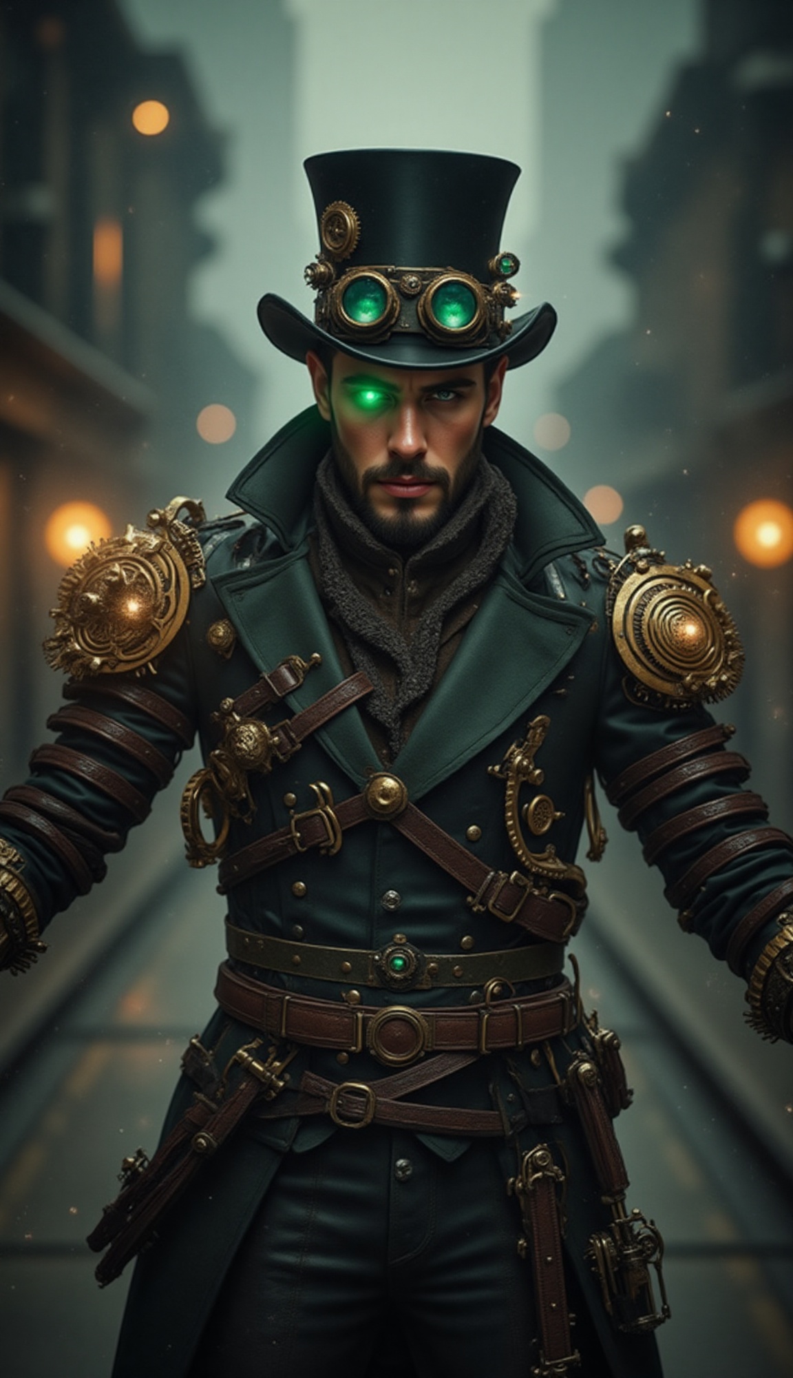 A dynamic,  medium shot captures a distinguished steampunk inventor or adventurer. He wears a tall black top hat adorned w...