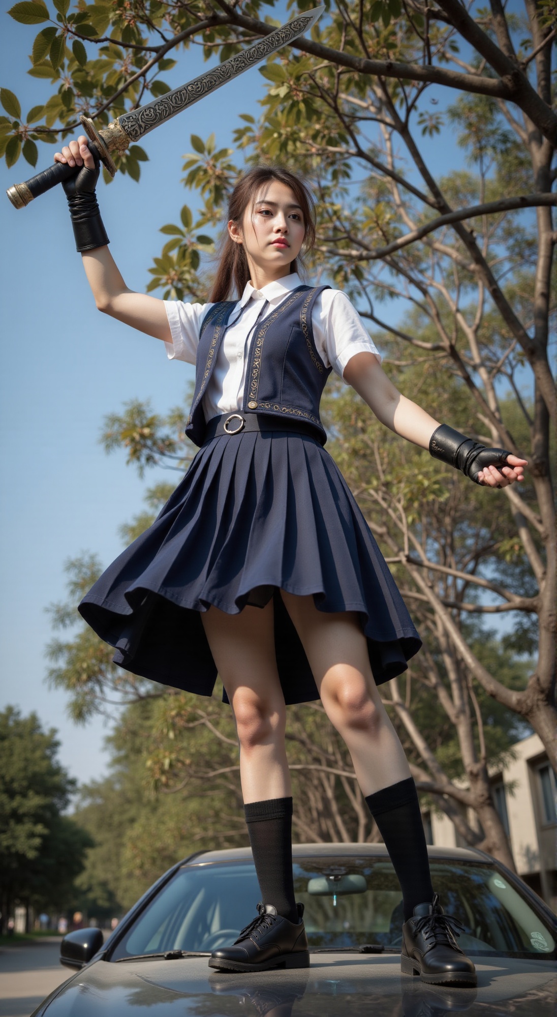 Low-angle close-up captures majestic female warrior's regal visage as she proudly stands atop a car's rooftop,  bathed in...