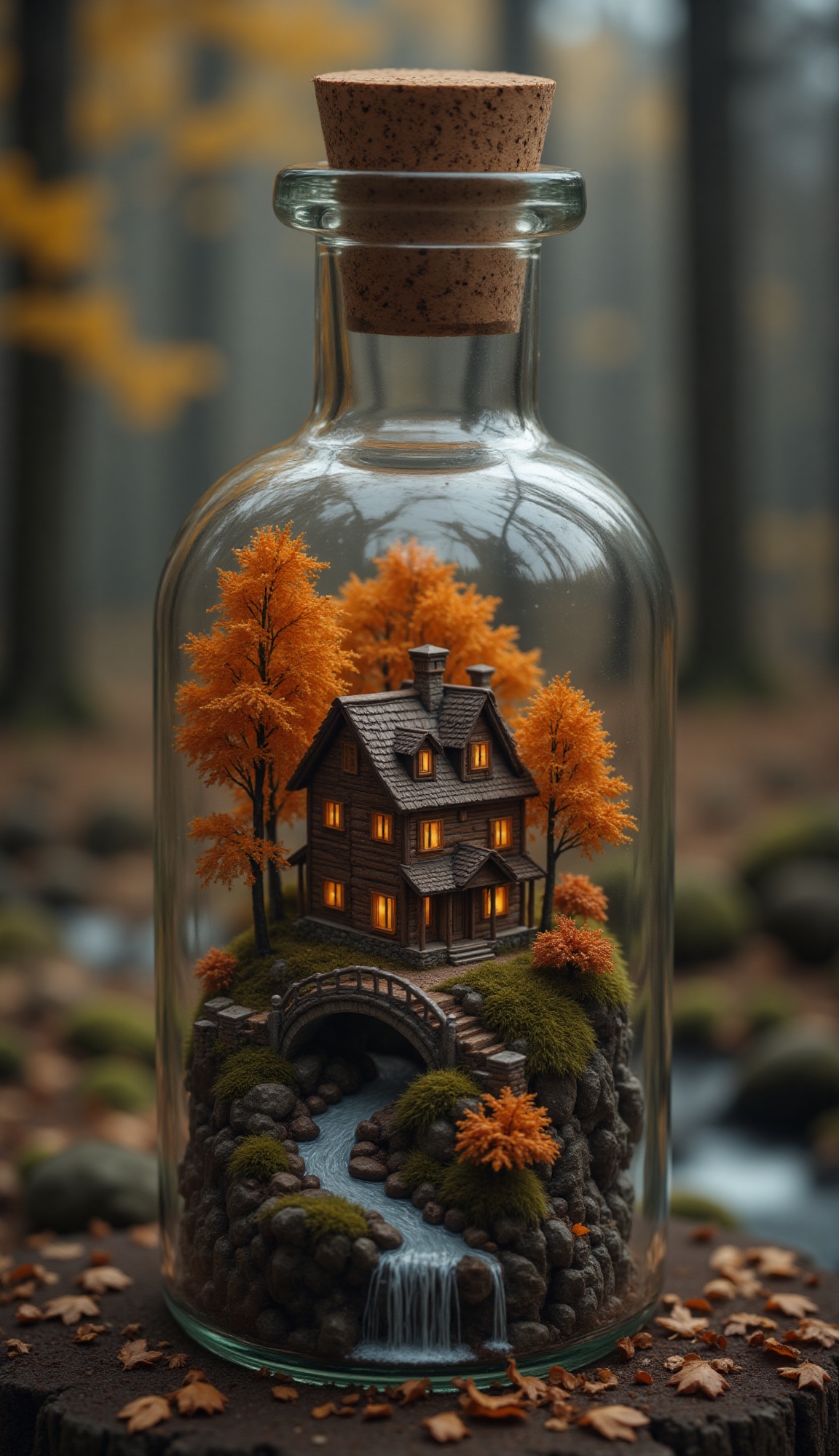 A captivating,  close-up shot features a clear glass bottle sealed with a cork stopper,  containing a meticulously crafted...