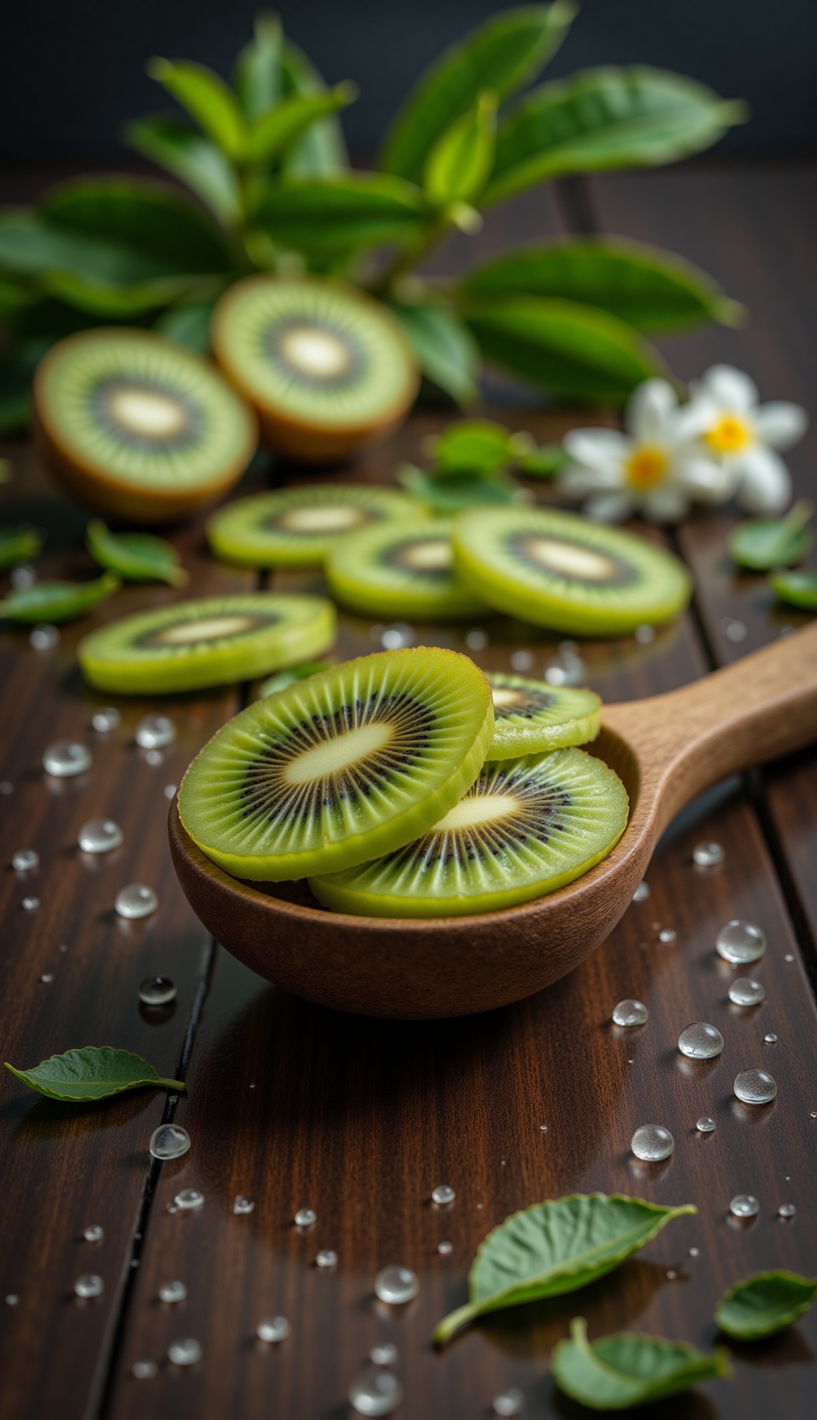 A close-up shot features a rustic wooden spoon cradling several vibrant green slices of kiwi fruit,  their black seeds and...