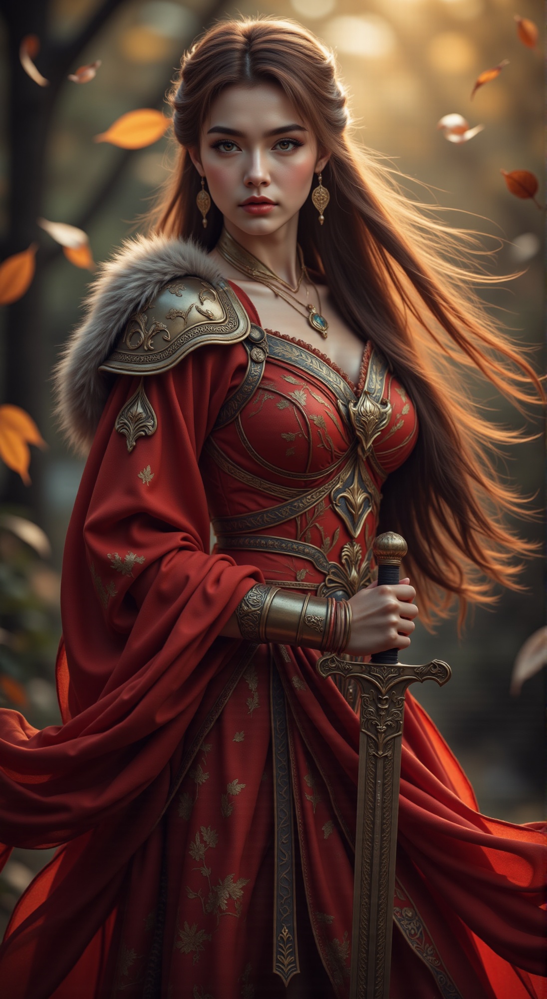 Majestic female warrior poses heroically,  her regal features illuminated by warm sunlight as leaves fall softly around he...