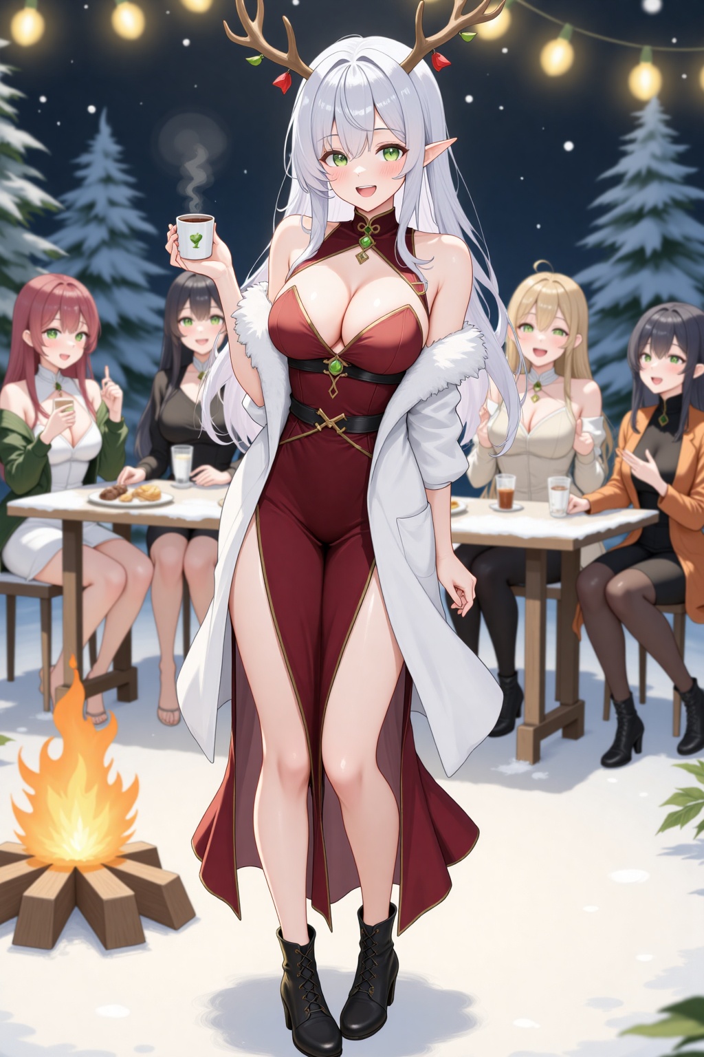 Fuyuki_Haruka,  a young woman dressed in an elegant winter party outfit: a long-sleeved velvet dress,  white faux fur shaw...