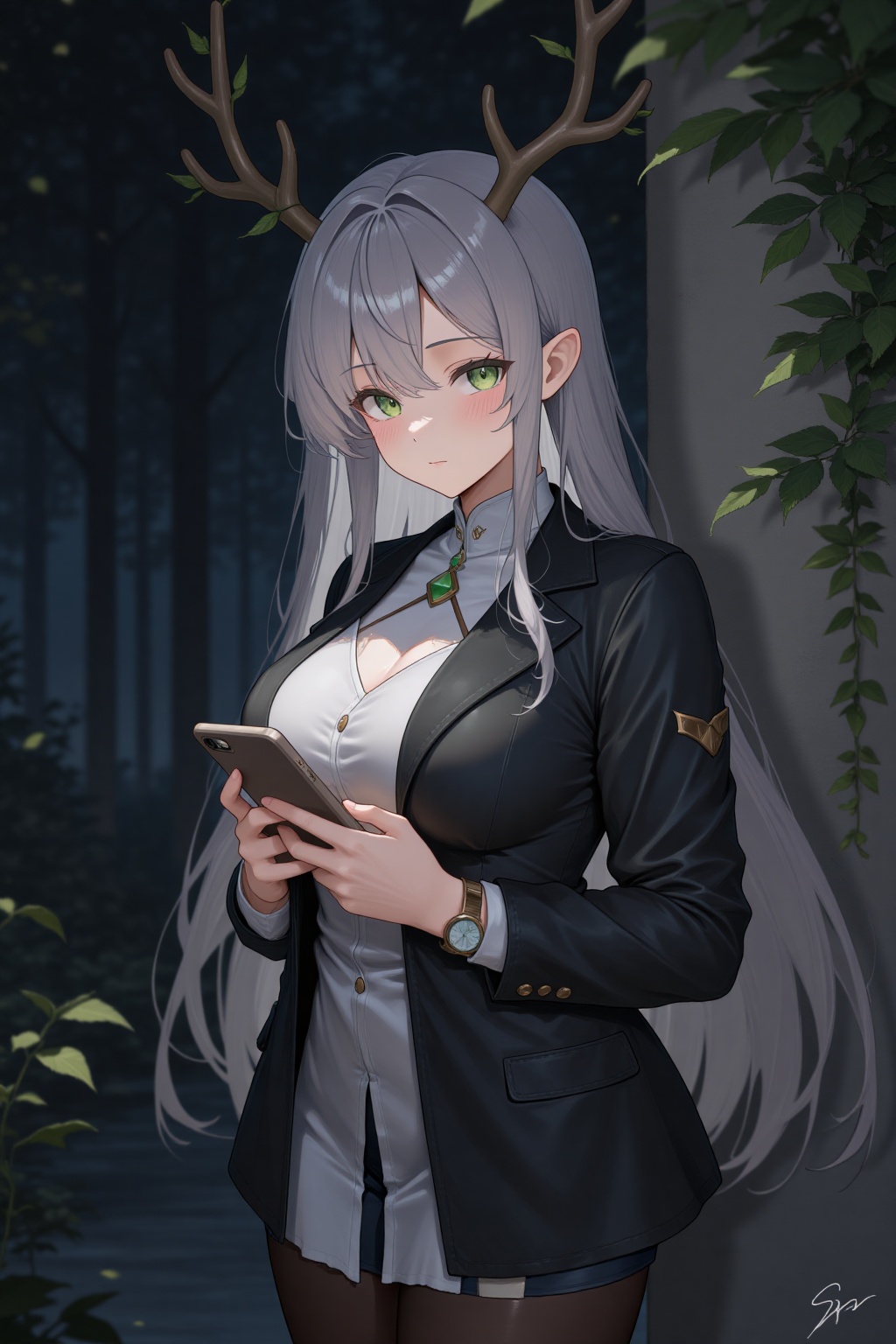 Fuyuki_Haruka,  a young woman wearing leather jacket,  watch phone in the dark of environment on Tensor.Art