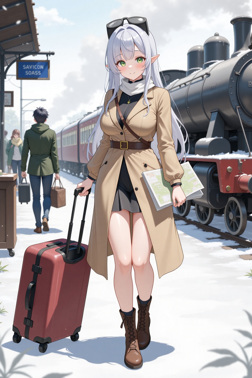 Fuyuki_Haruka,  a young woman dressed in a stylish travel outfit: a beige trench coat,  a scarf on Tensor.Art