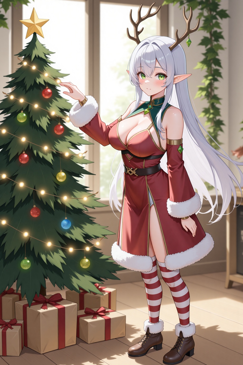 Fuyuki_Haruka,  an elf girl with elegant antlers adorned with sparkling Christmas ornaments and twinkling lights,  standin...