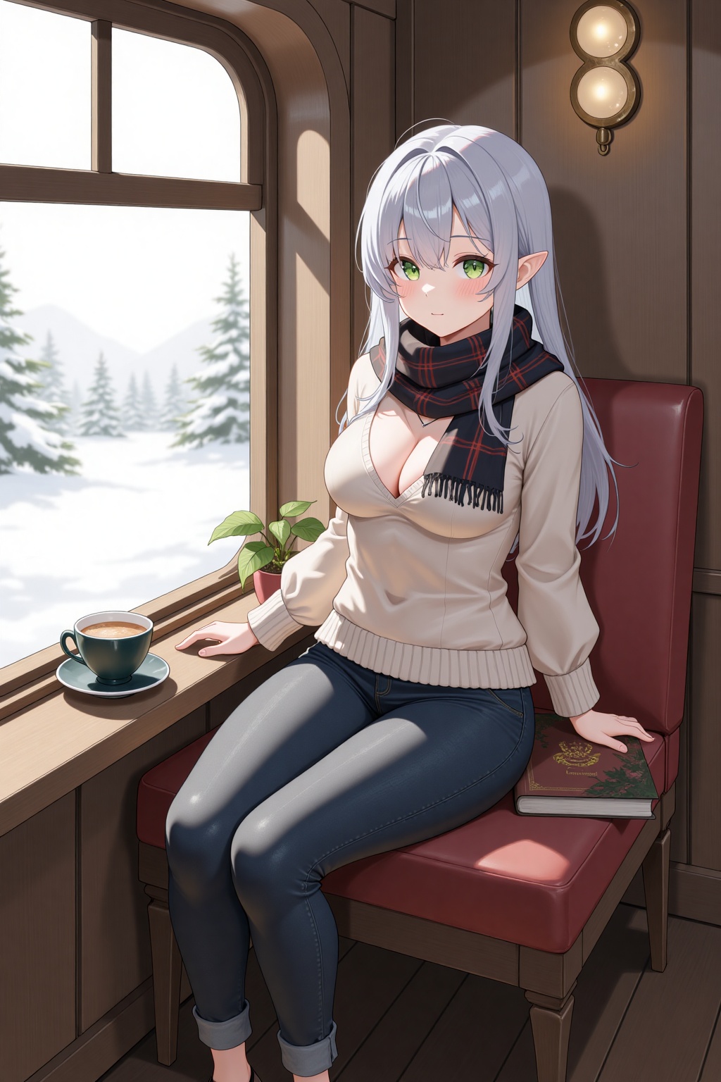 Fuyuki_Haruka,  a young woman dressed in a cozy winter outfit: a knitted sweater,  plaid scarf on Tensor.Art
