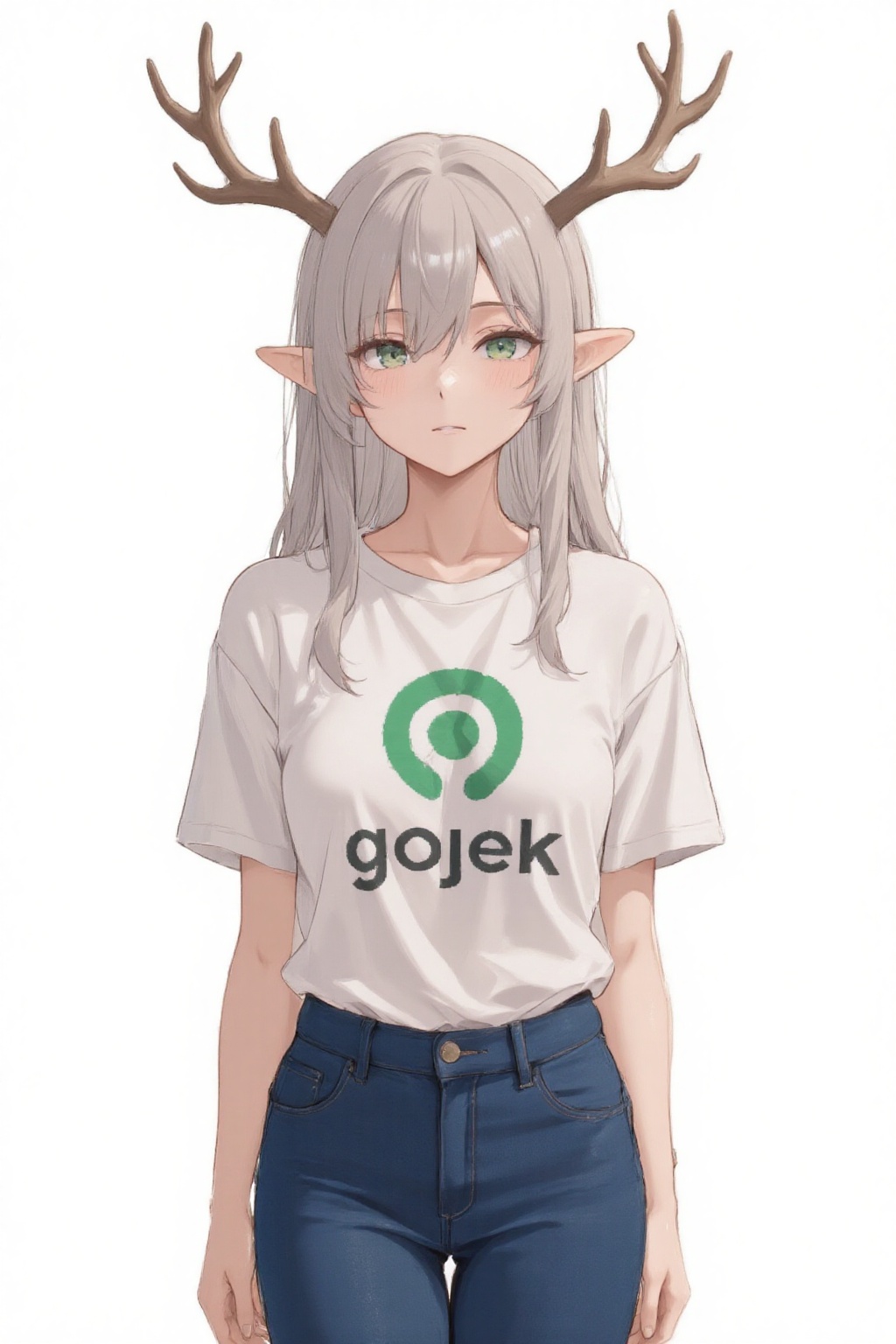 anime_style drawing anime of Fuyuki_Haruka with antlers,  wear a white t shirt and blue jeans. The t shirt has a green g0j...