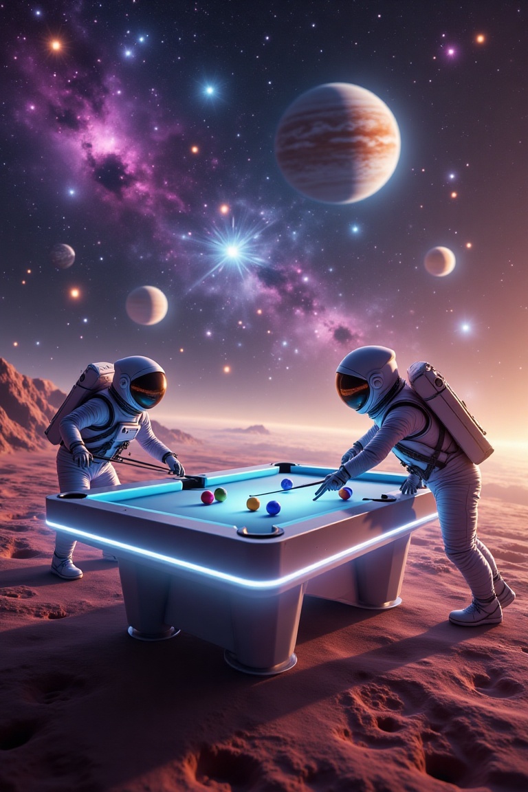 A cosmic scene featuring two astronauts playing billiards on a sleek,  illuminated pool table on the surface of Mars. The...