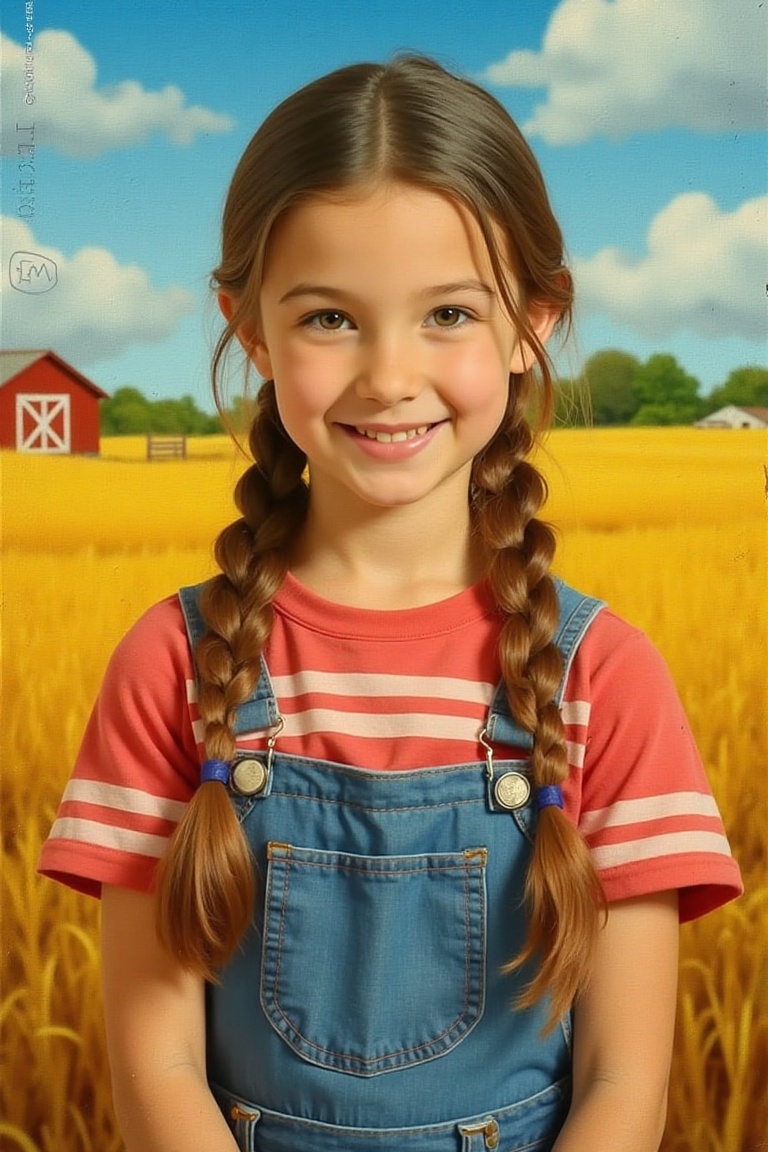 farm girl with braids and a happy smile,  sunny,  Stunning Painting on Tensor.Art