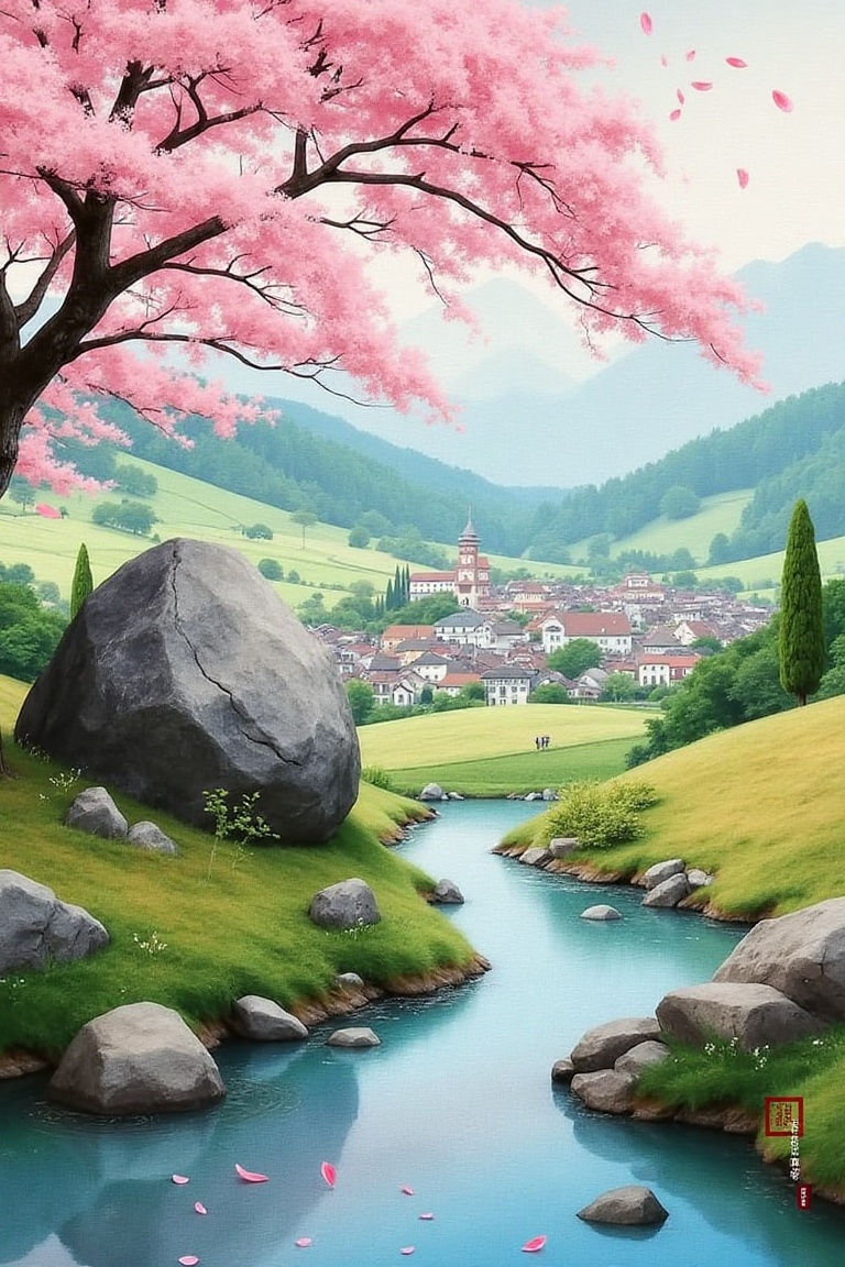 A large rock on a hill overlooking a village,  Cherry blossom petals fall from a tree,  Ultra High Definition on Tensor.Art