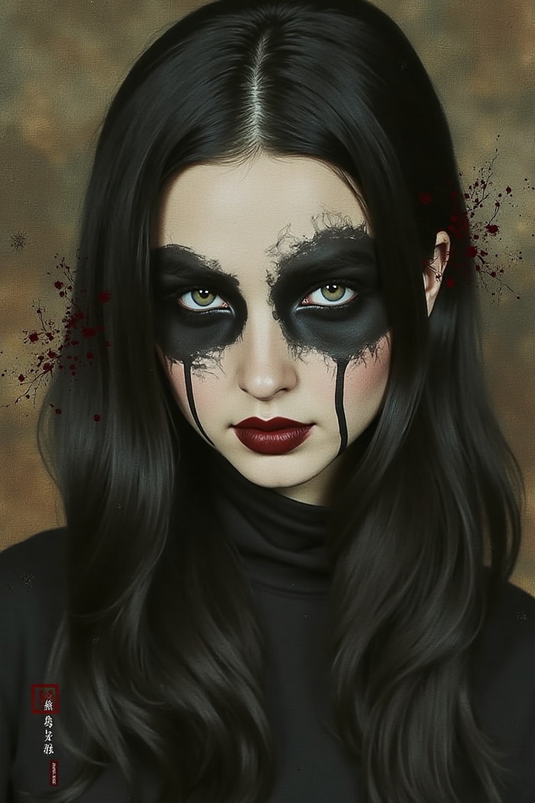 Scumbling painting of a woman with black makeup on her face,  no eyes,  roughly painted skin on Tensor.Art
