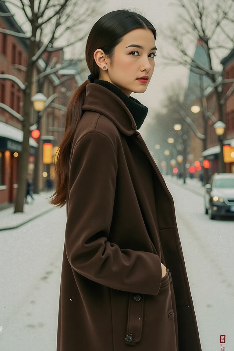 A stunning painting of professional artist draws a young woman who dressed in a long coat,  her eyes are beautiful and loo...