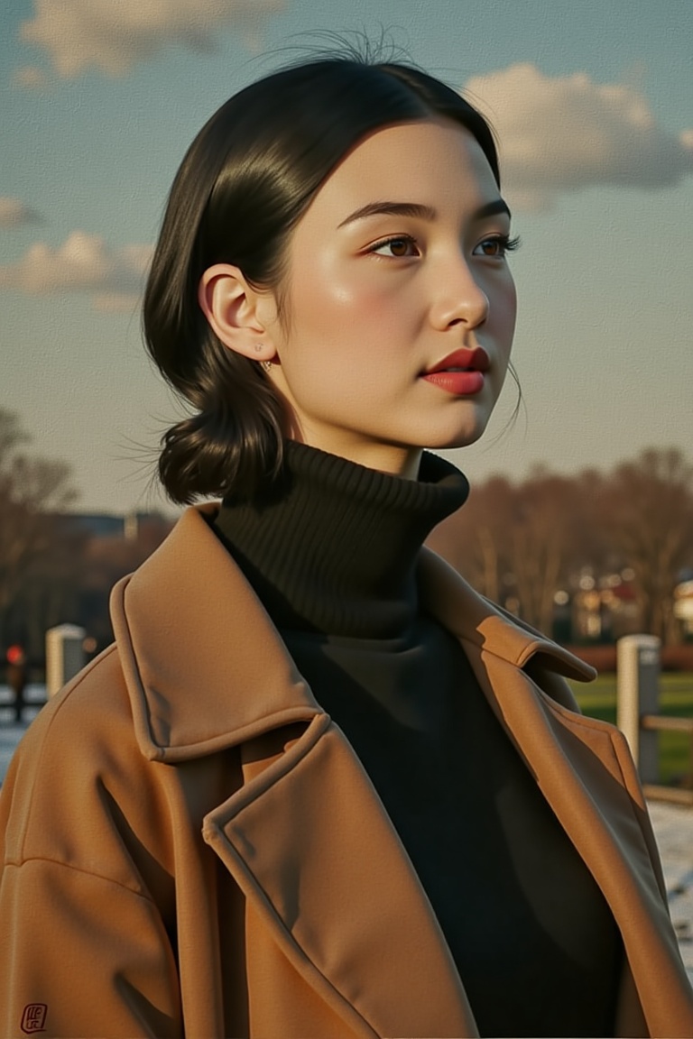 A stunning painting of professional artist draws a young woman who dressed in a long coat,  her eyes are beautiful and loo...