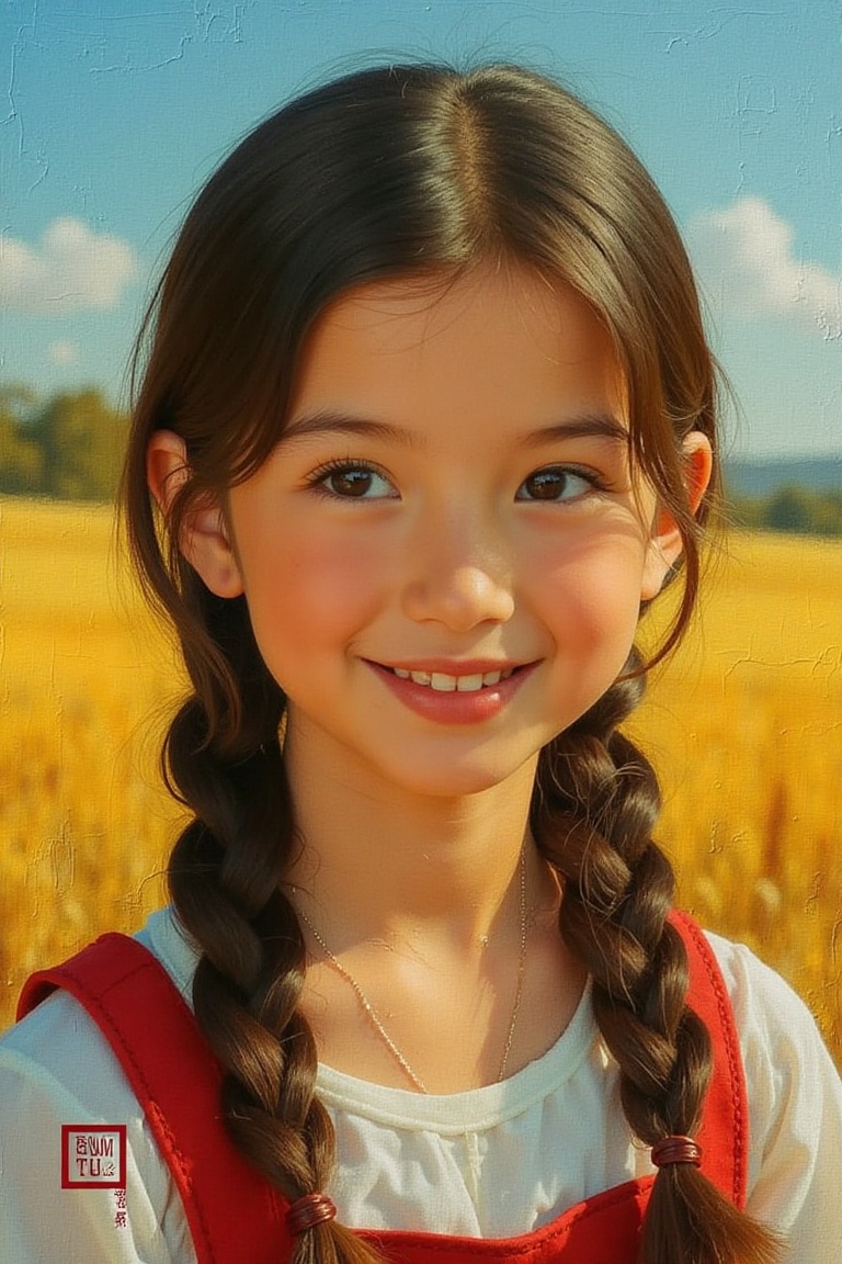 farm girl with braids and a happy smile,  vibrant colors,  sunny on Tensor.Art