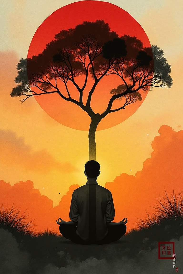 ink human,  Meditationist man,  sunset on Tensor.Art