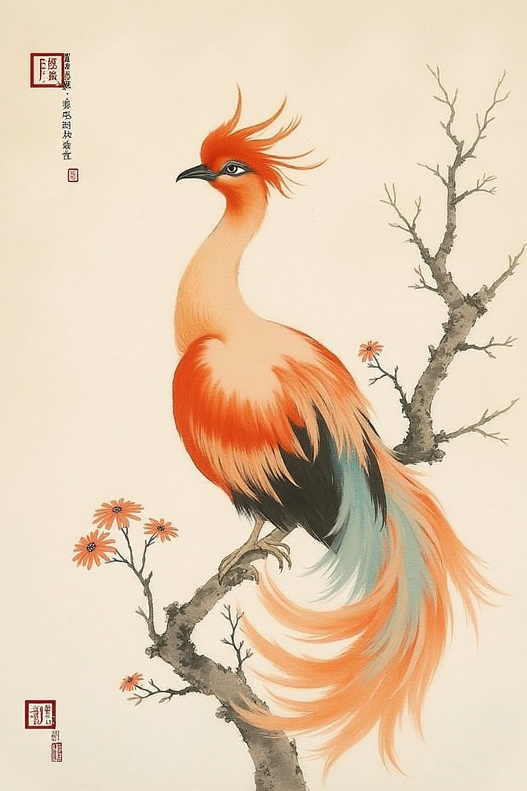 A Sumi-e style ink painting,  bold,  dramatic brushstrokes of one chinese phoenix. Providential discovery or creation. Pet...