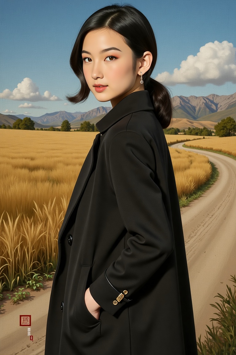 A stunning painting of professional artist draws a young woman who dressed in a long coat,  her eyes are beautiful and loo...