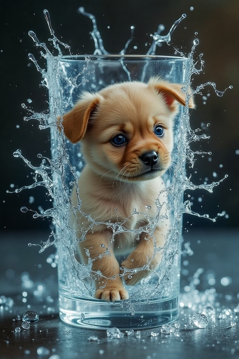 Ultra realistic illustration. Macro view,  water explosion on a glass BREAK scattering of water particles as flow of elect...
