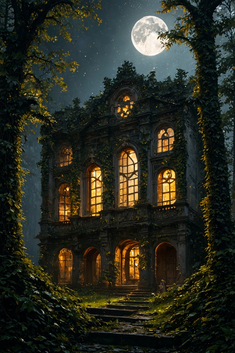 Scene of a Rococo-style ruin in the depths of a forest at night,  BREAK,  (Rococo-style ruins on Tensor.Art