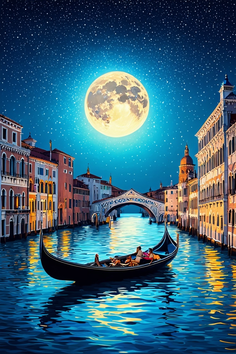 Zentangle art style depicting a serene night in Venice,  BREAK,  (A gondola boat gently gliding along a calm waterway on T...