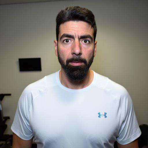moisture-wicking material,  has a medium build and a short beard. He has short,  AKBOSS. The image is a photograph of a ma...