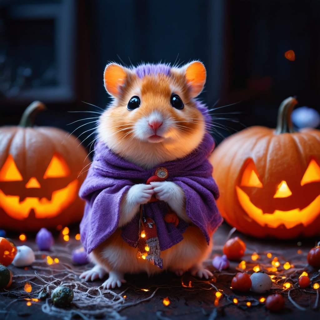 Scene of a cute hamster dressed in a poncho enjoying Halloween decorations,  BREAK,  (adorable hamster on Tensor.Art
