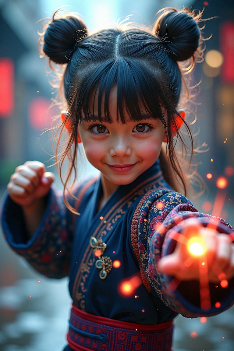 The best quality resolution image of the most beautiful and talented little girl,  A martial arts master who uses kung fu...