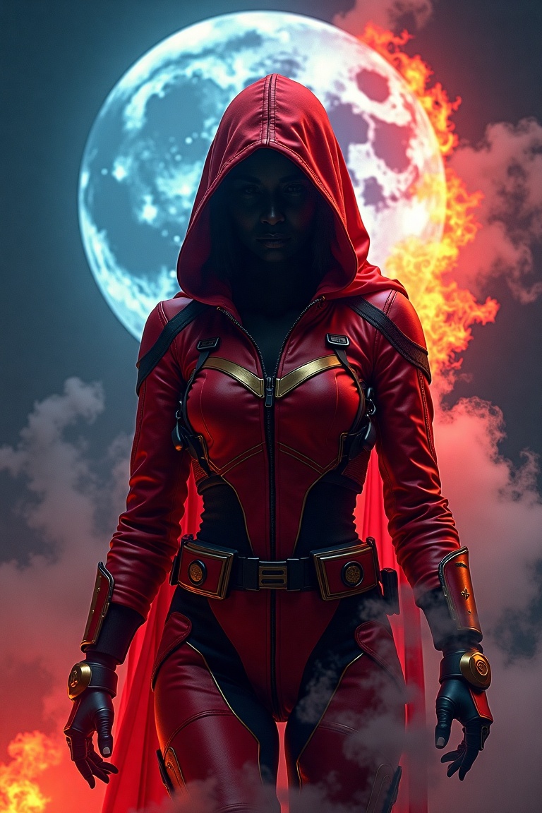 A woman wearing hooded figure in red and gold tactical gear,  there's face obscured by the shadow of the hood. The mysteri...