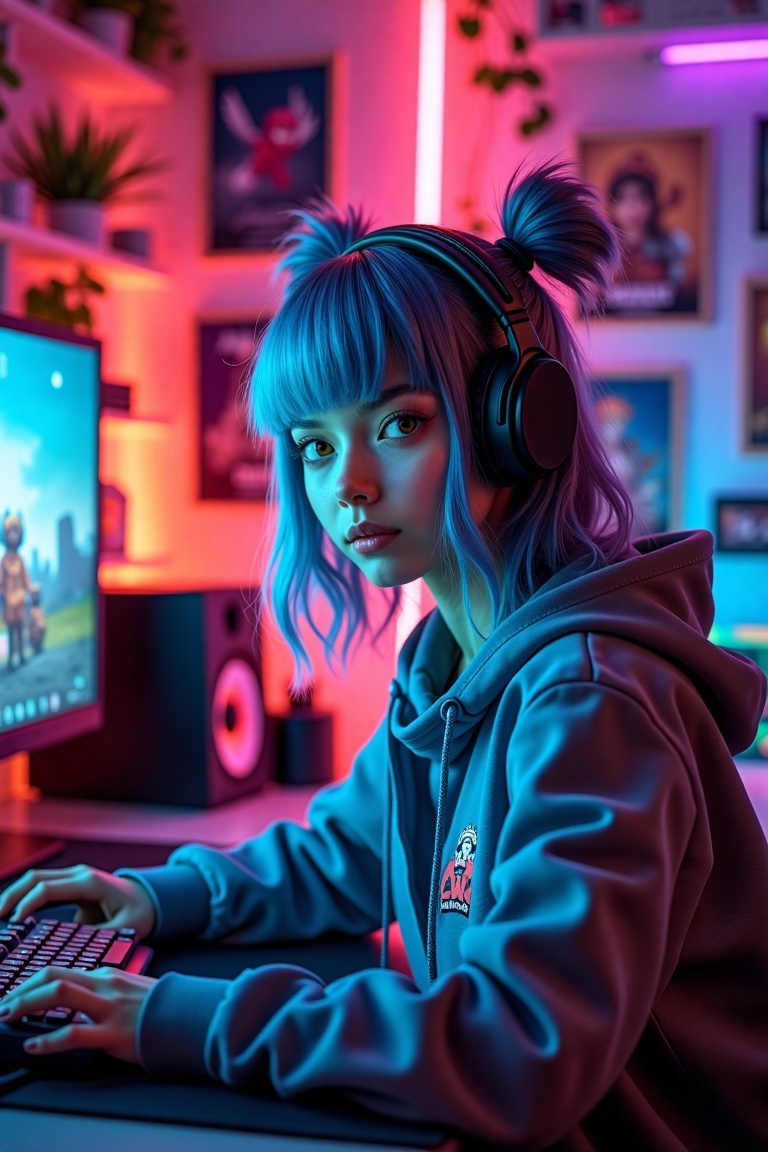 A highly realistic and ultra-high-quality image of a young girl who is a professional gamer and live streamer. She has a u...