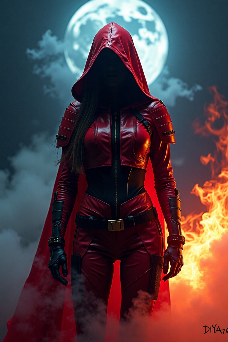 A woman wearing hooded figure in red and gold tactical gear,  there's face obscured by the shadow of the hood. The mysteri...