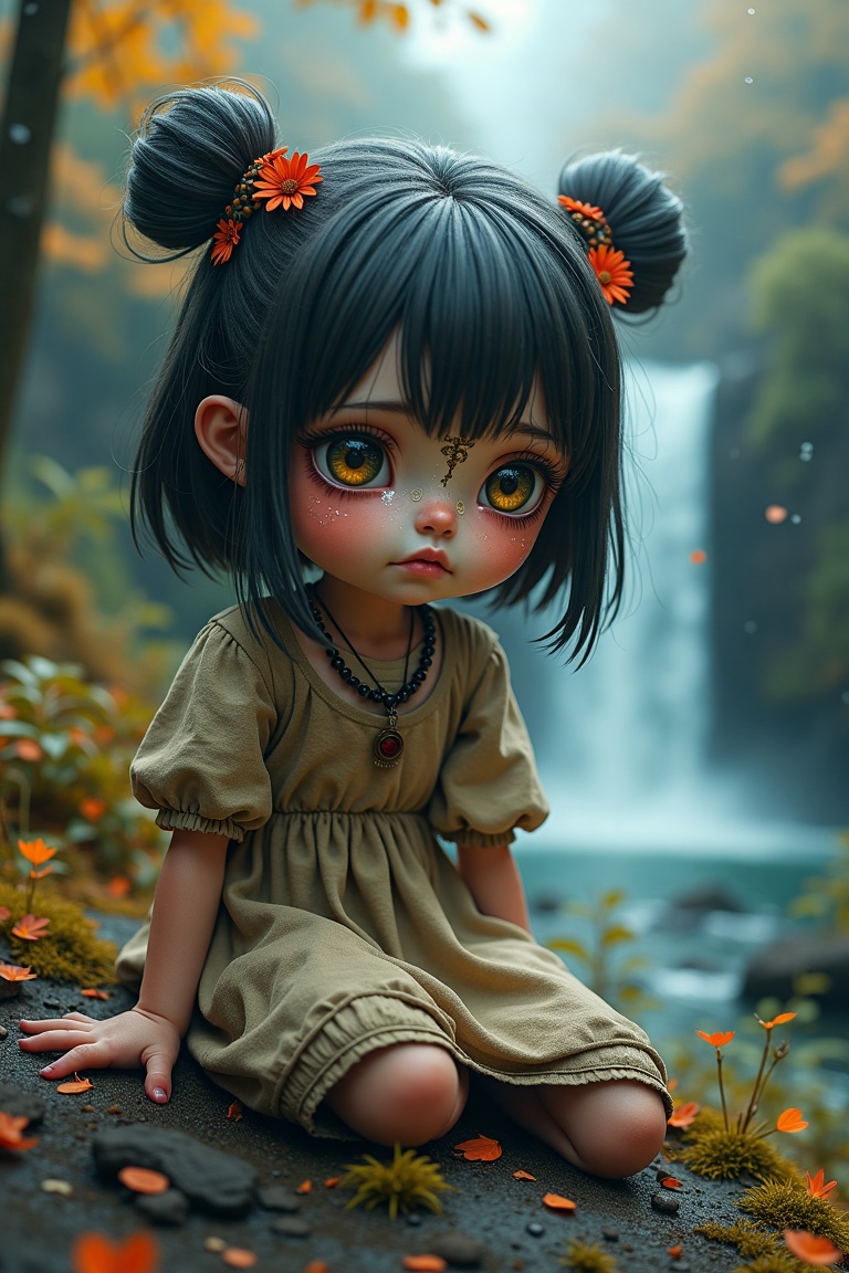 A highly realistic,  ultra-high-quality image in a dramatic fantasy world of a poor,  sorrowful young little Blind girl(ki...