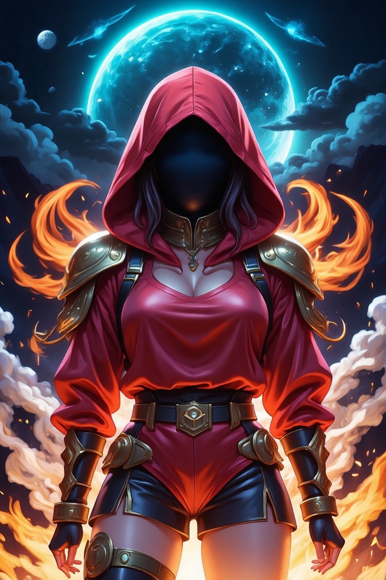 A woman wearing hooded figure in red and gold tactical gear,  there's face obscured by the shadow of the hood. The mysteri...