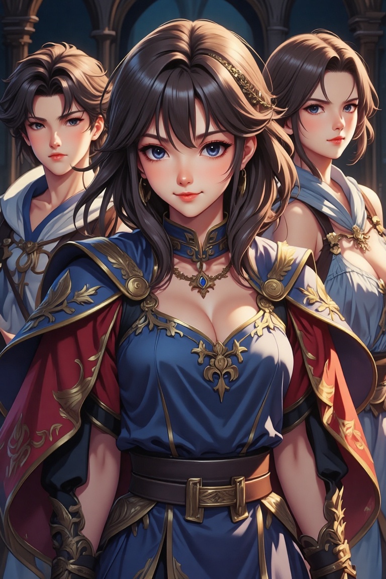 anime characters dressed in medieval clothing and capes posing for a picture on Tensor.Art