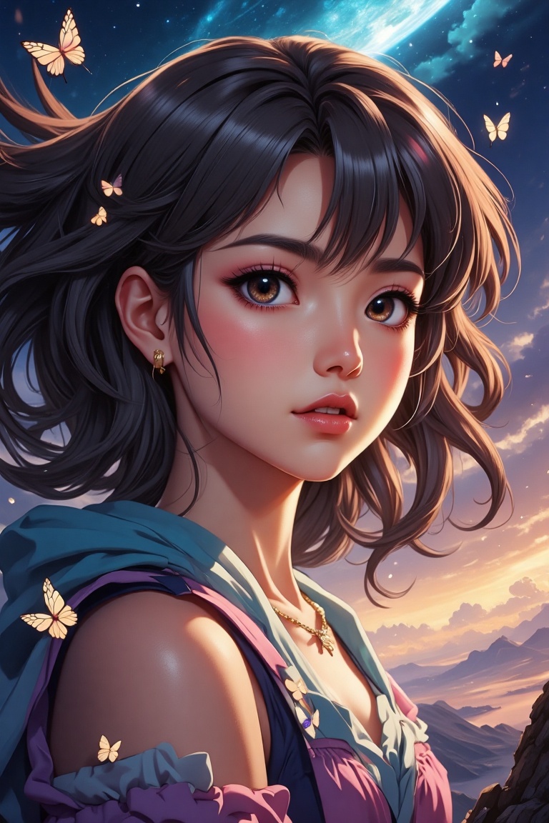 (Best quality),  A (illustrated anime) (ultra Close up) ((dynamic angle)) of a fantastic God girl,  (Studio Ghibli style)...