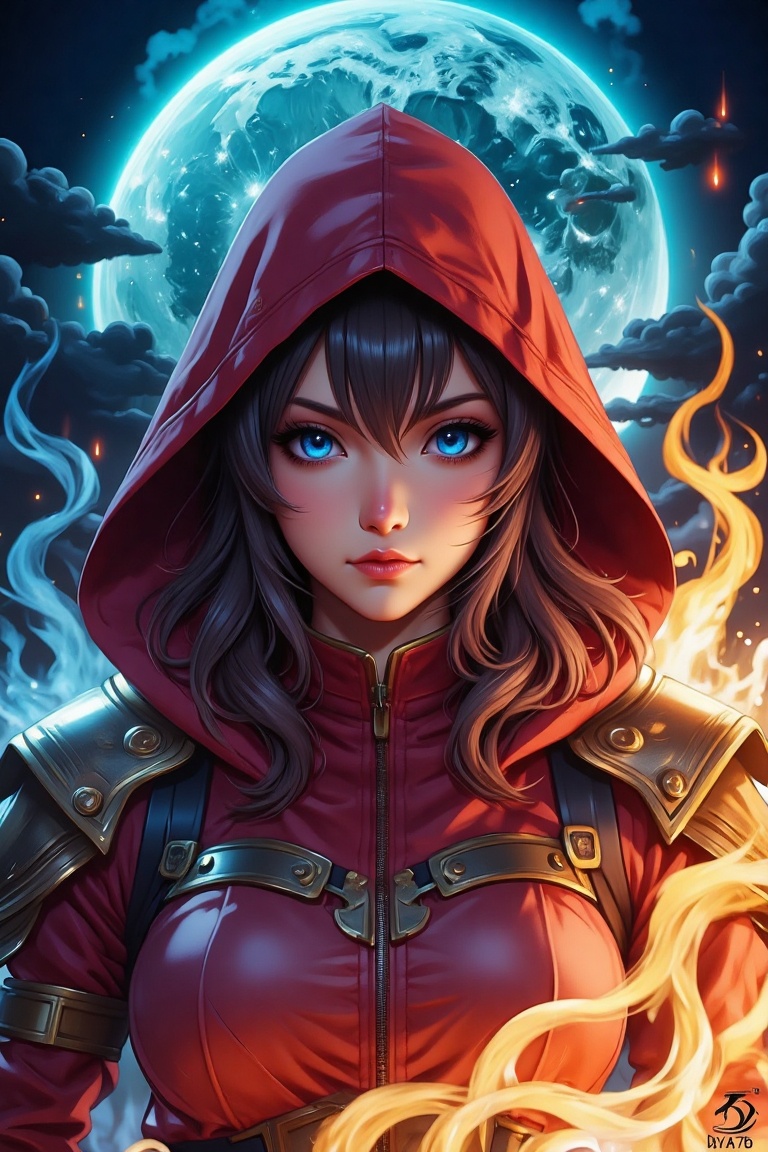 A woman wearing hooded figure in red and gold tactical gear,  there's face obscured by the shadow of the hood. The mysteri...