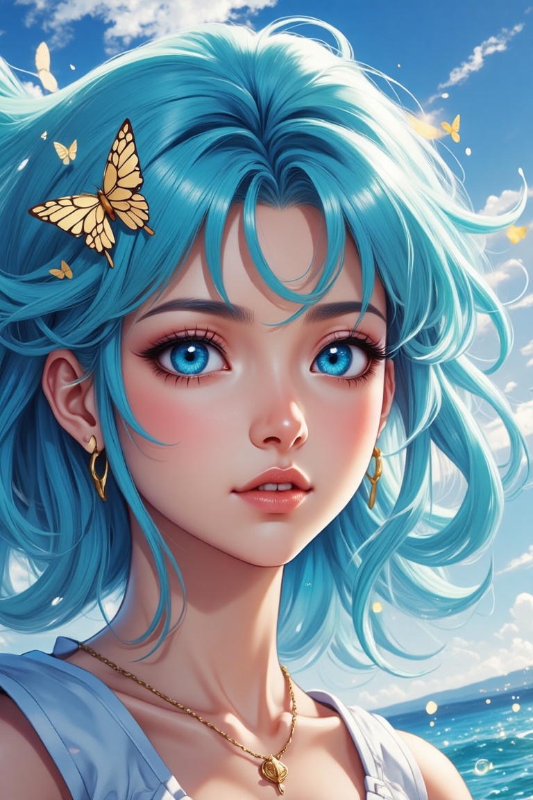 face Shakira composer singer with sailor moon cosplay high quality full body well-defined face background back beach cryst...