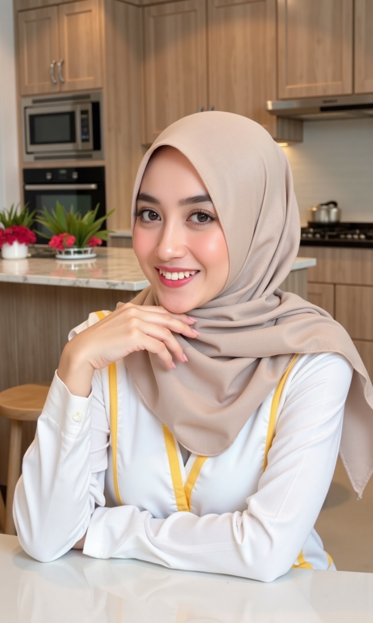 A photograph of a young Southeast Asian woman with fair skin and dark hair,  wearing a beige hijab and a white blouse with...