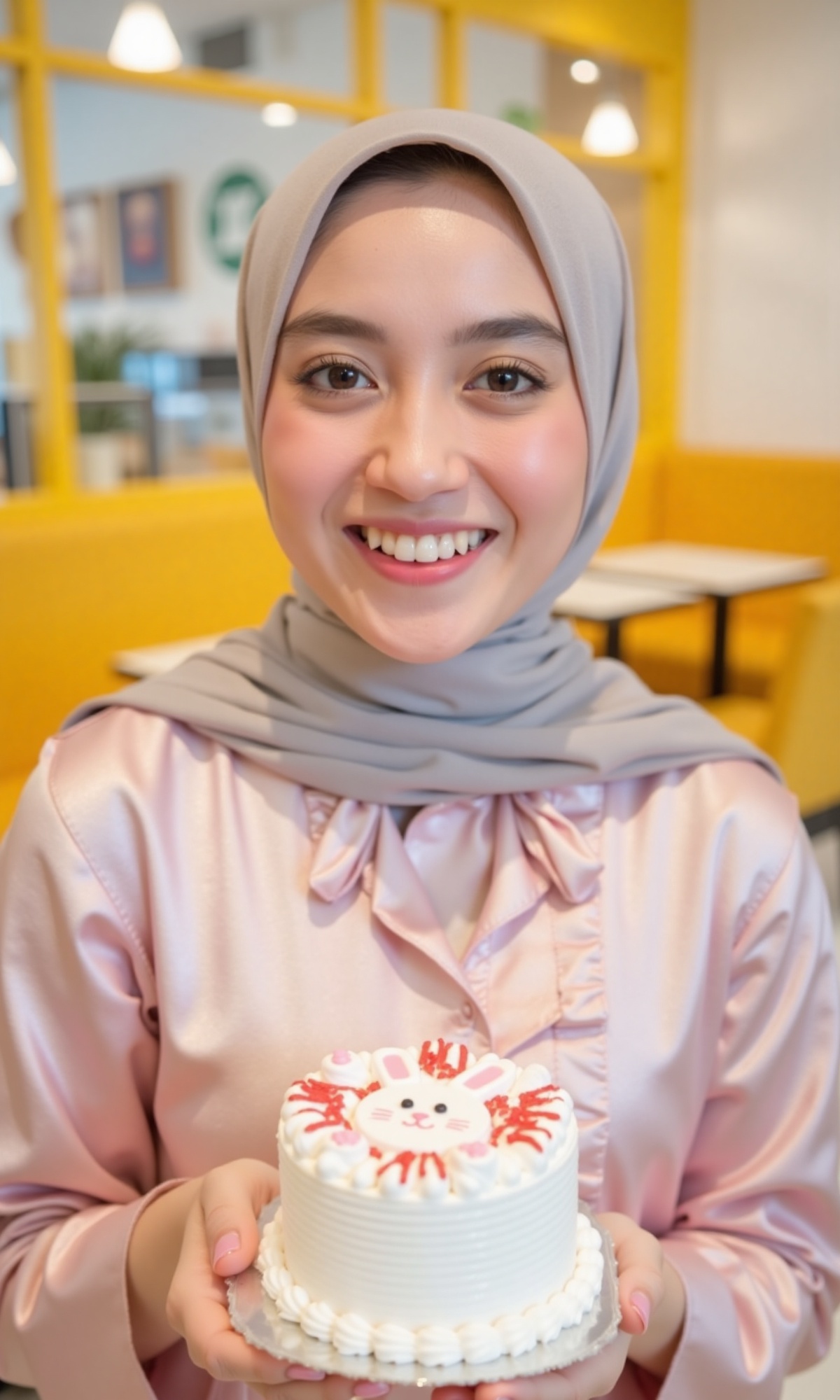 Photograph of a young,  smiling South Asian woman with fair skin and dark brown eyes,  wearing a light grey hijab and a sh...