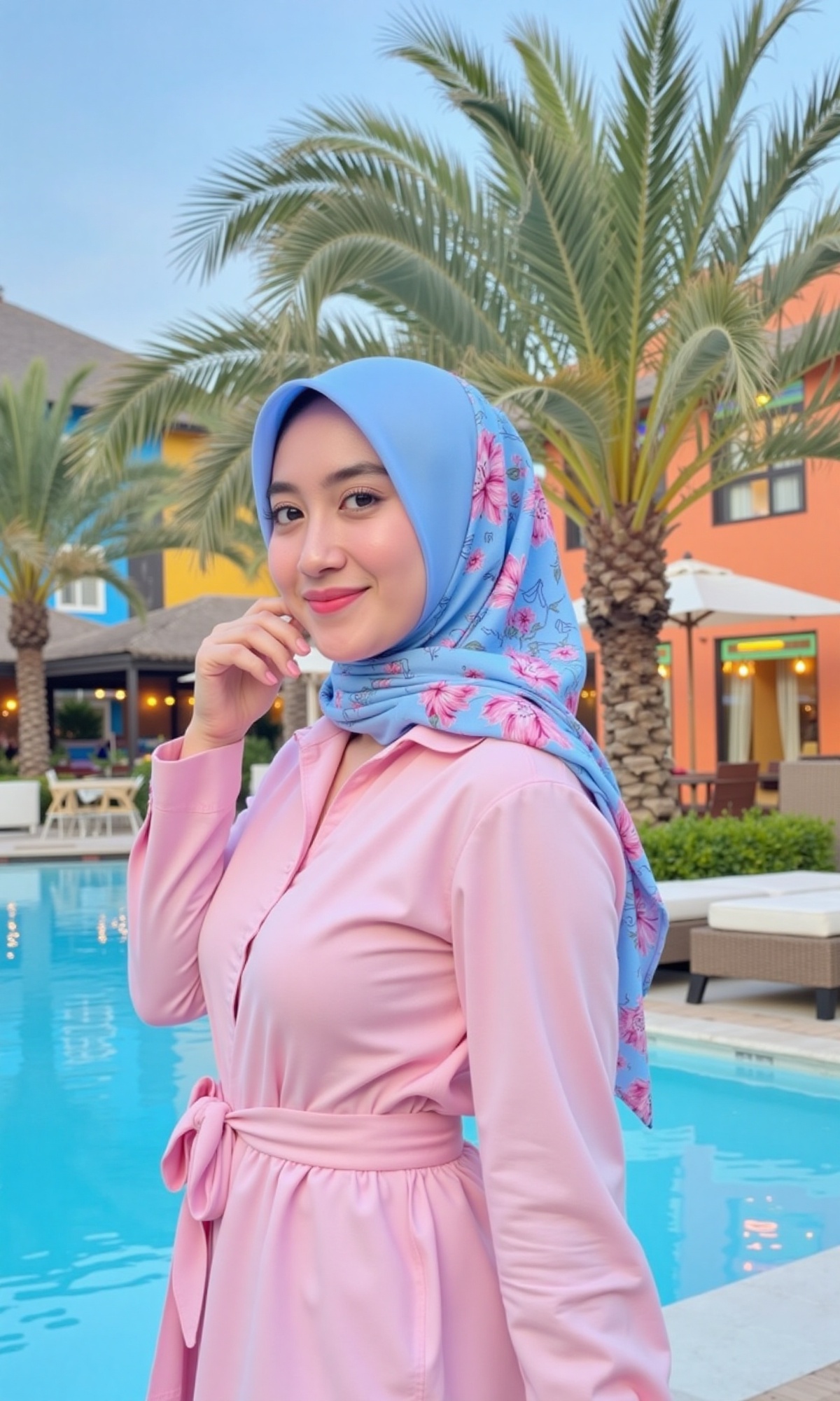 Photograph of a young woman in a vibrant pink and blue outfit,  standing by a pool. She has a light complexion and wears a...