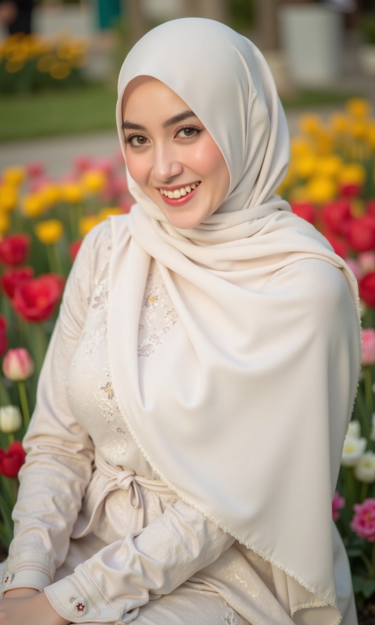 A photograph featuring a woman adorned in a pristine white hijab,  standing amidst a vibrant flower garden. Utilize natura...