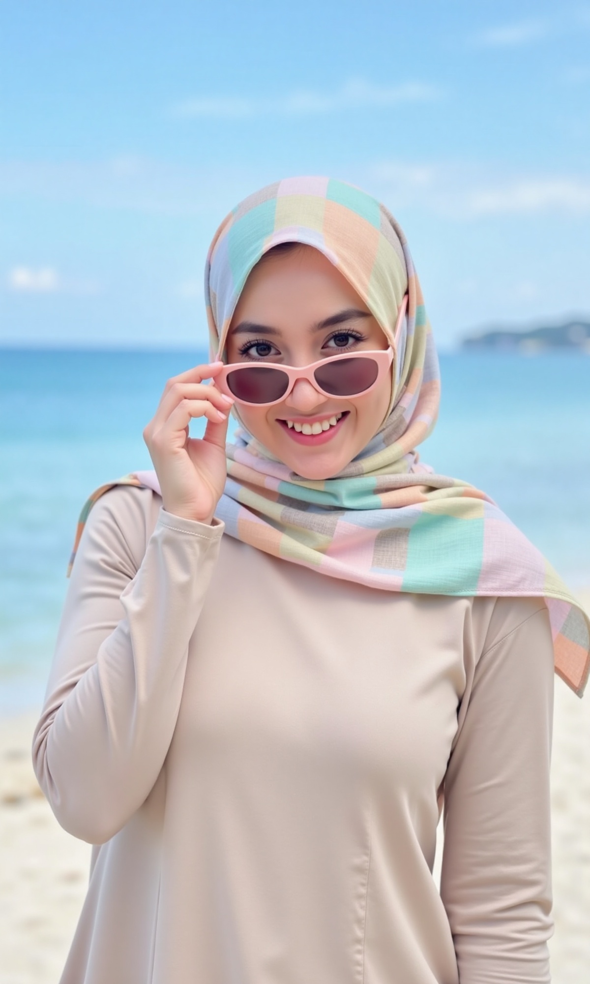 Photograph of a young Asian woman with fair skin and a curvy physique,  wearing a beige long-sleeve top and a colorful,  p...