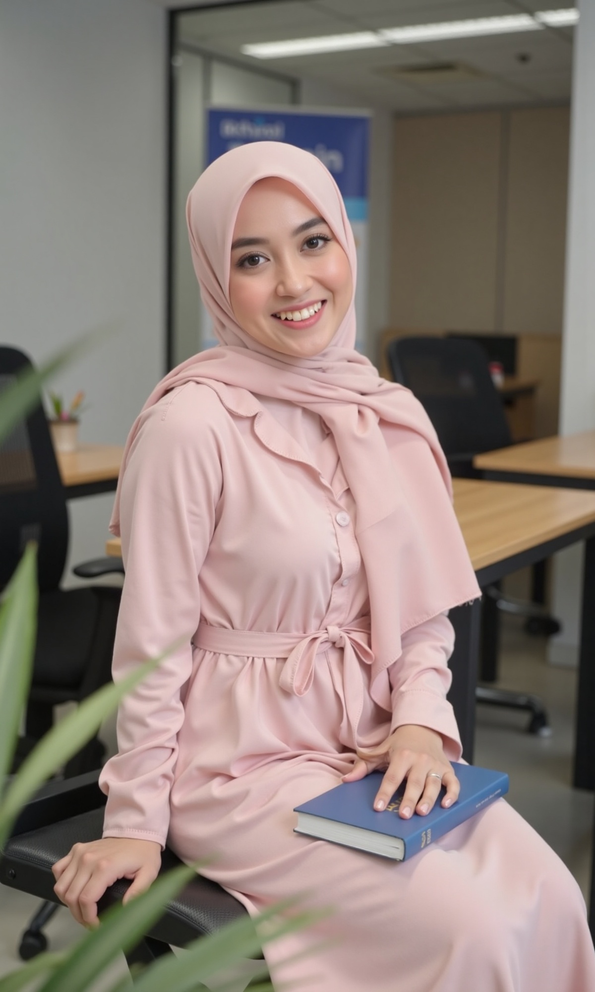 Photograph of a young Southeast Asian woman in a light pink hijab and matching long dress,  seated on a black chair. She h...
